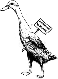 Zeichnung einer Ente mit einem Schild mit der Aufschrift 'No masters, no servants'
