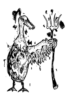 Zeichnung einer Ente mit einem Schild mit der Aufschrift 'No masters, no servants'